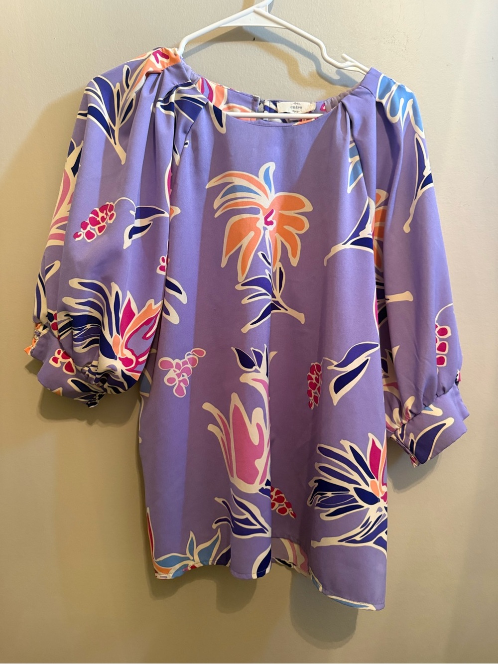 entro Lavender Floral Puff Sleeve Blouse with Pink & Orange Accents